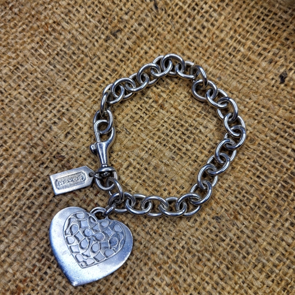 "Vintage 925 Sterling Silver Heart Charm Roll link Coach Bracelet